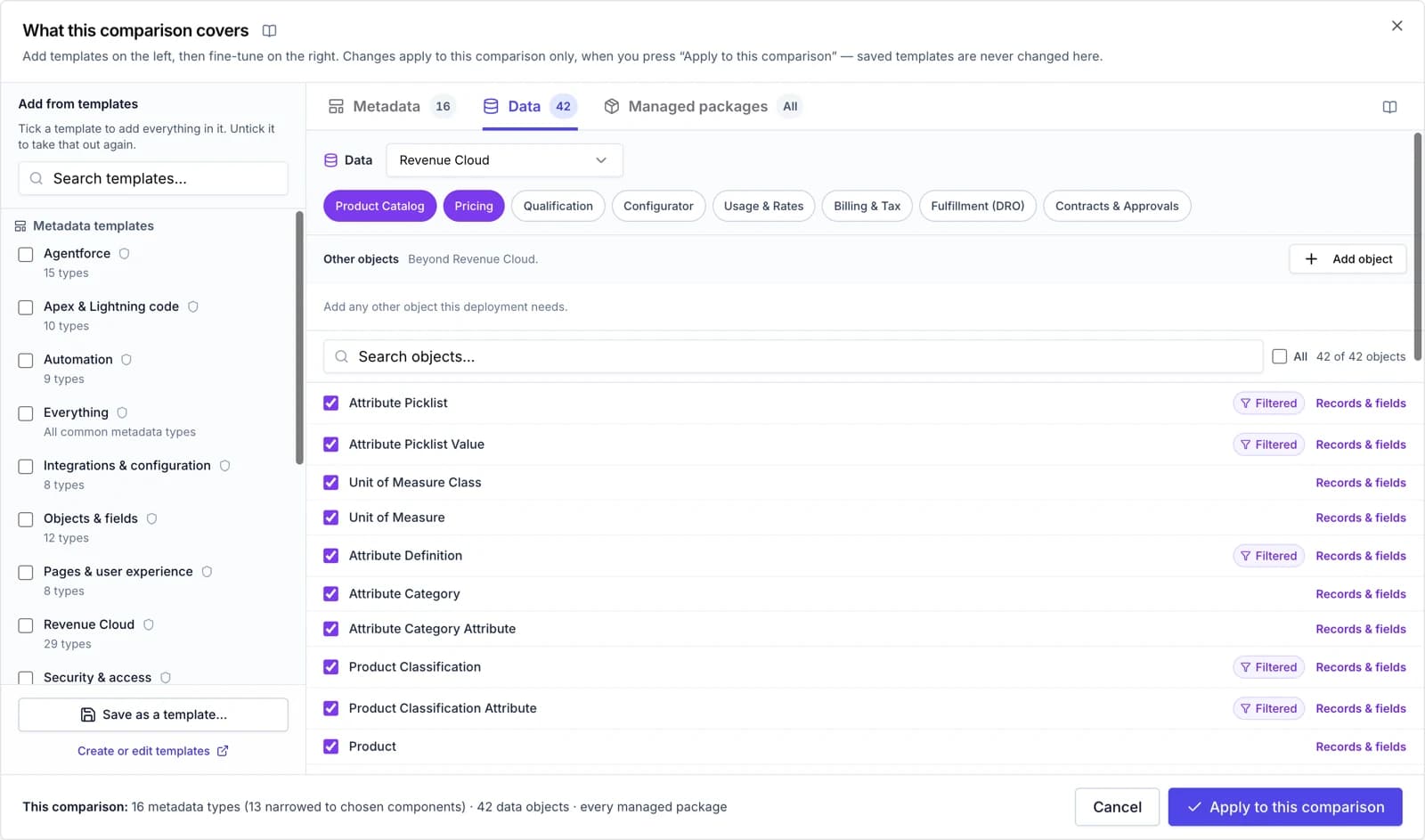 Choosing Revenue Cloud data groups and objects for a comparison