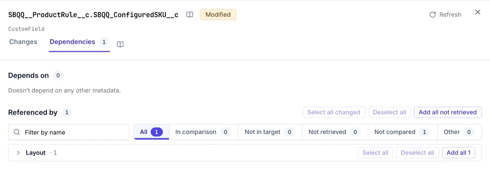 The dependencies tab of a component in the diff panel