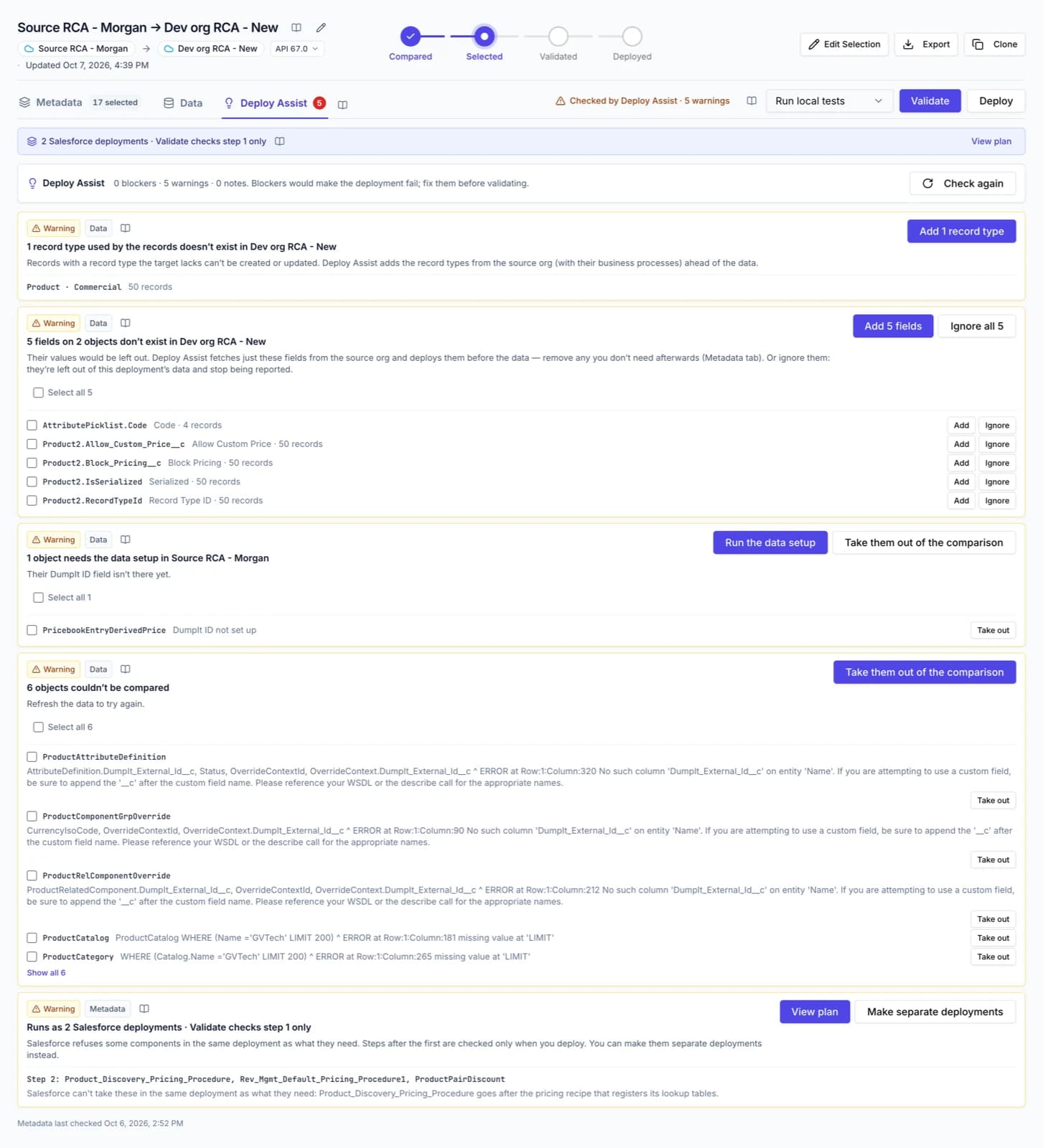 Deploy Assist listing missing fields and record types with Add buttons